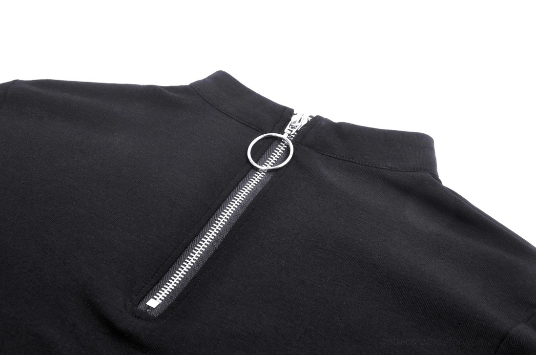 Close-up of back metal zipper with silver finish and O-ring pull tab on gothic crop top