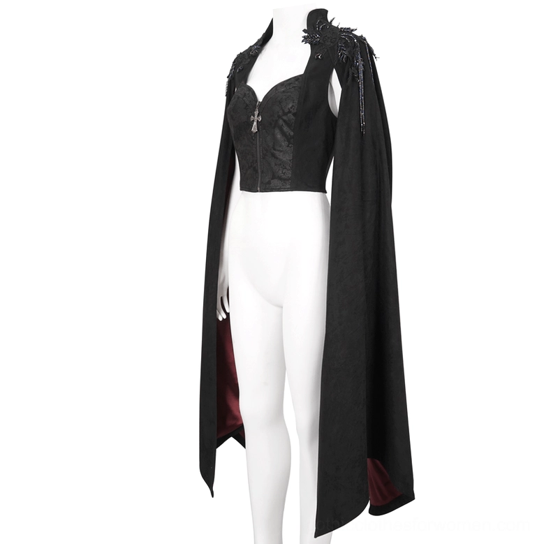 Gothic crop top mannequin side view showing floral beaded shoulder embroidery detail and fitted silhouette