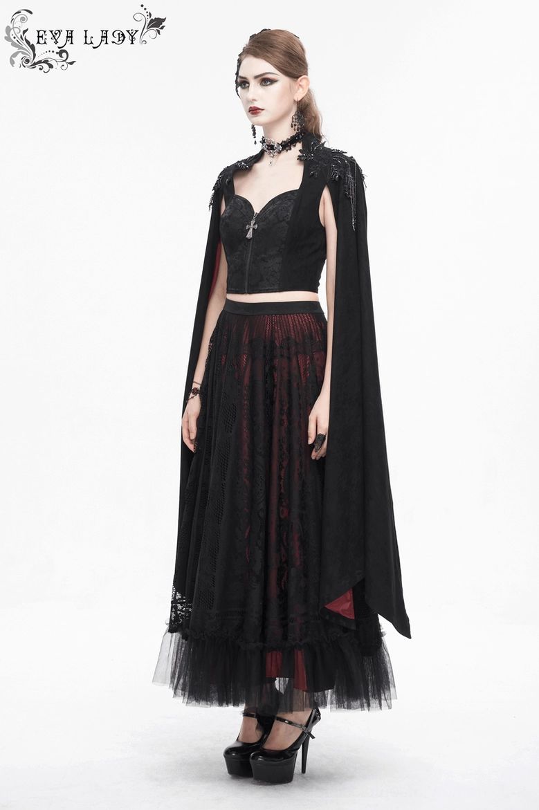 Black gothic embroidered crop top detail shot highlighting intricate beadwork and floral design