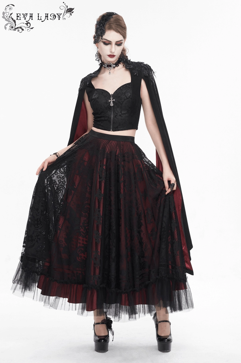 Black gothic crop top final view showcasing overall silhouette with bell sleeves and shoulder embroidery