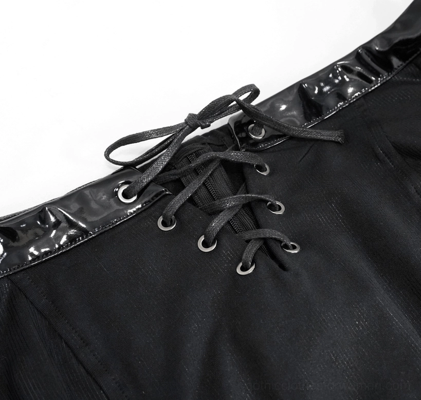 Detailed close-up of gothic crop top lace-up fastener showing braided cord and metal grommets