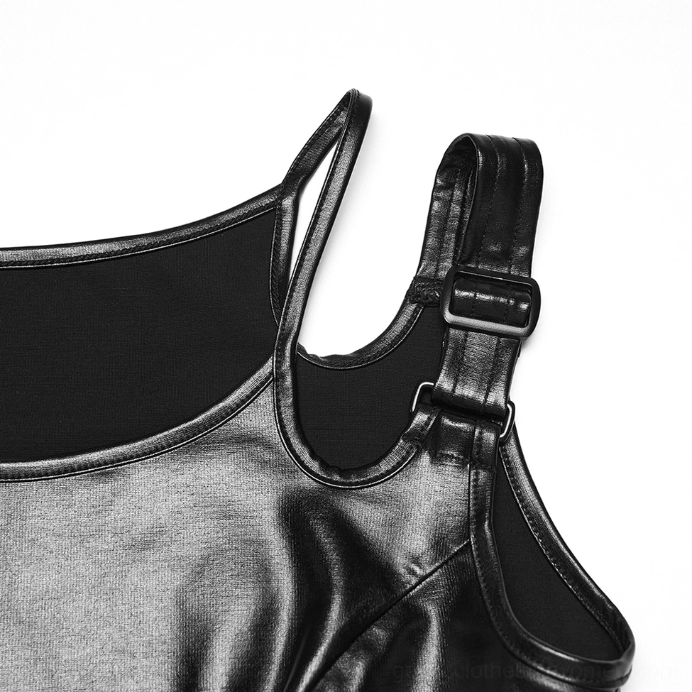 Black rubberized gothic crop top metal buckle and strap close-up showing adjustable buckle mechanism
