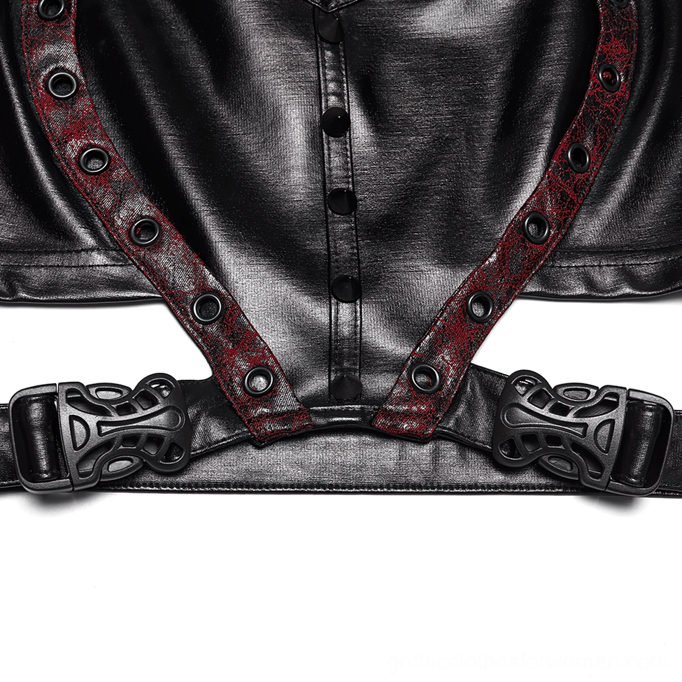 Close-up of gothic crop top back hardware showing bone-shaped buckles and red textured trim