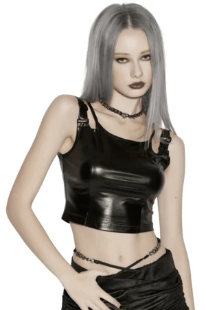 Black rubberized gothic crop top with adjustable metal buckle straps, 3/4 front side view showing fitted silhouette