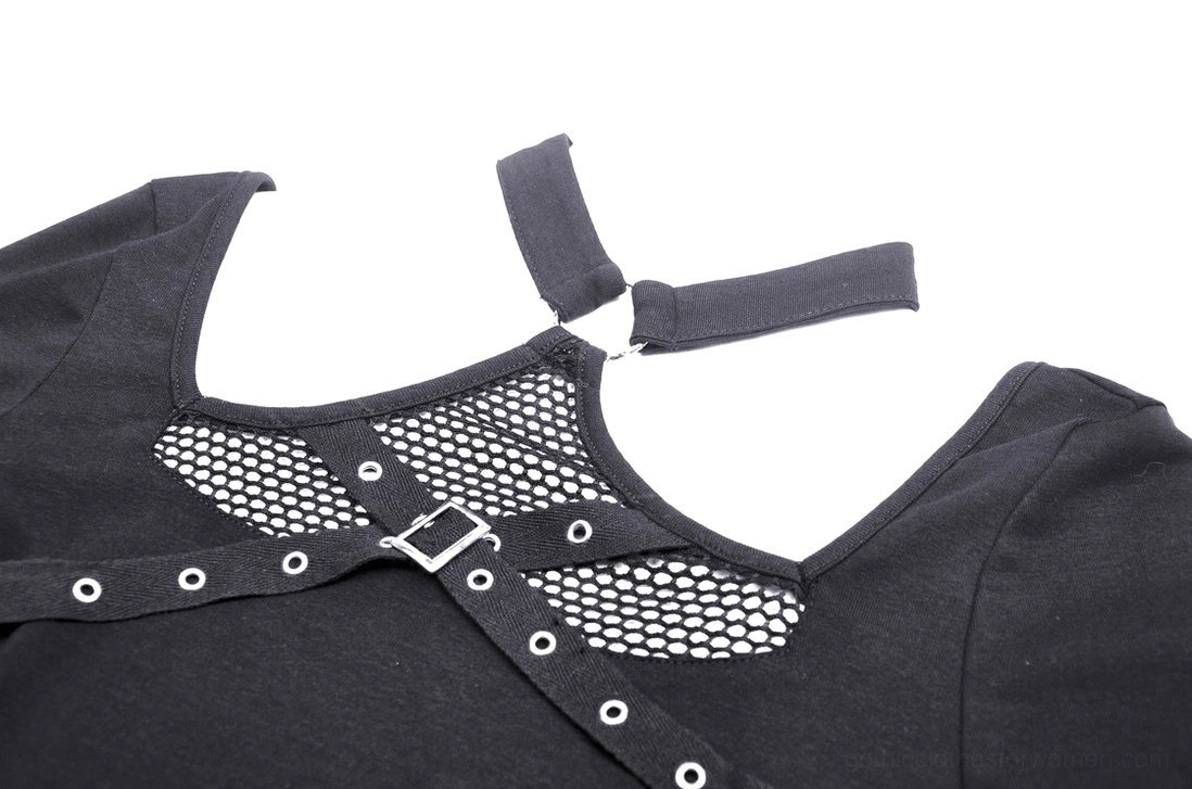 Close-up detail of black gothic mesh crop top choker neck, metal buckle strap, fishnet panels and metal eyelets