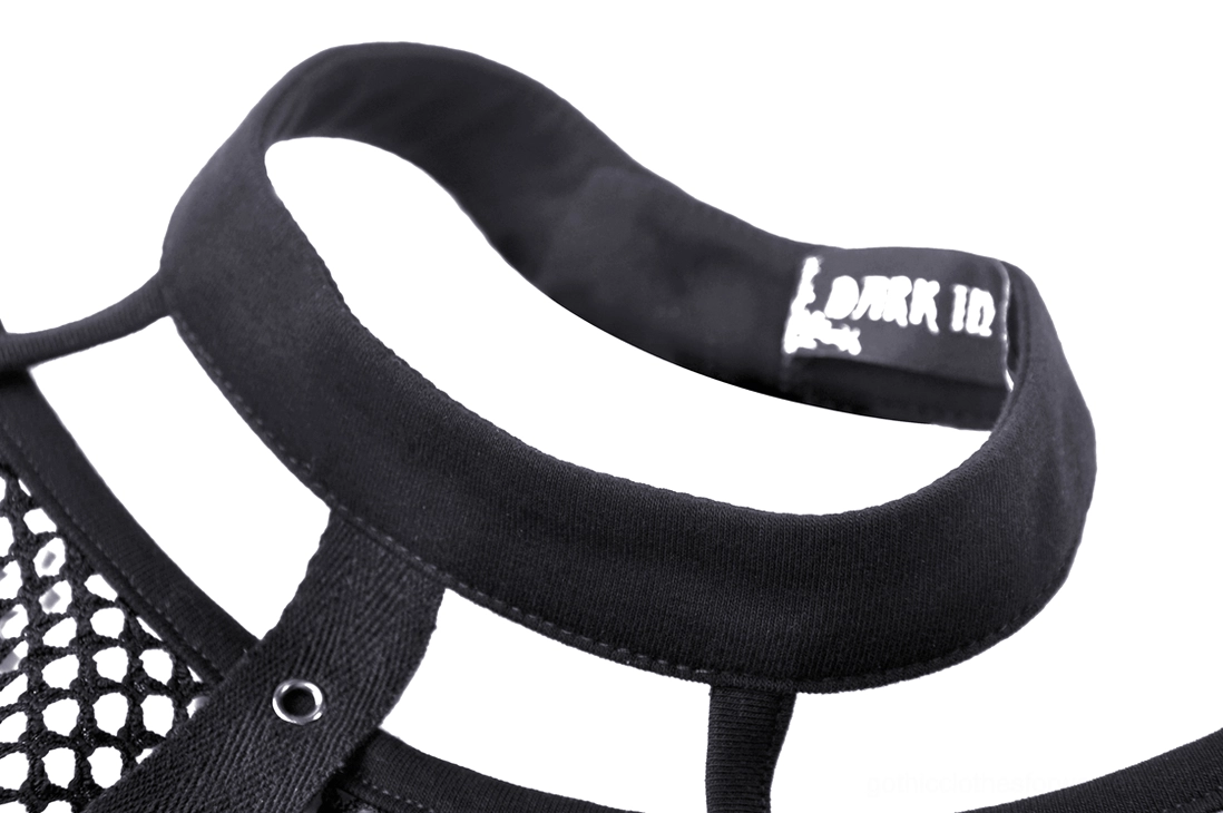 Close-up of gothic crop top choker neckline with metal strap and branded fabric label