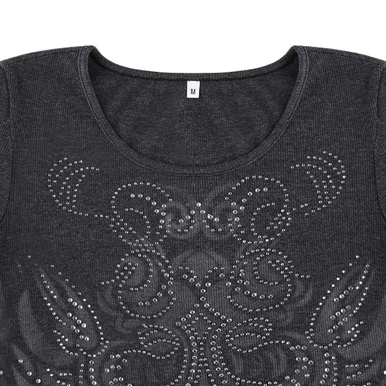 Close-up detail of grey gothic crop top showing ribbed knit texture, rhinestone embellishment geometric pattern, and size tag
