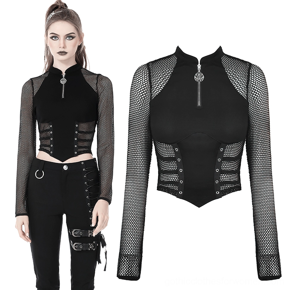 Black gothic crop top with metal zipper stand collar and silver charm pendant front view