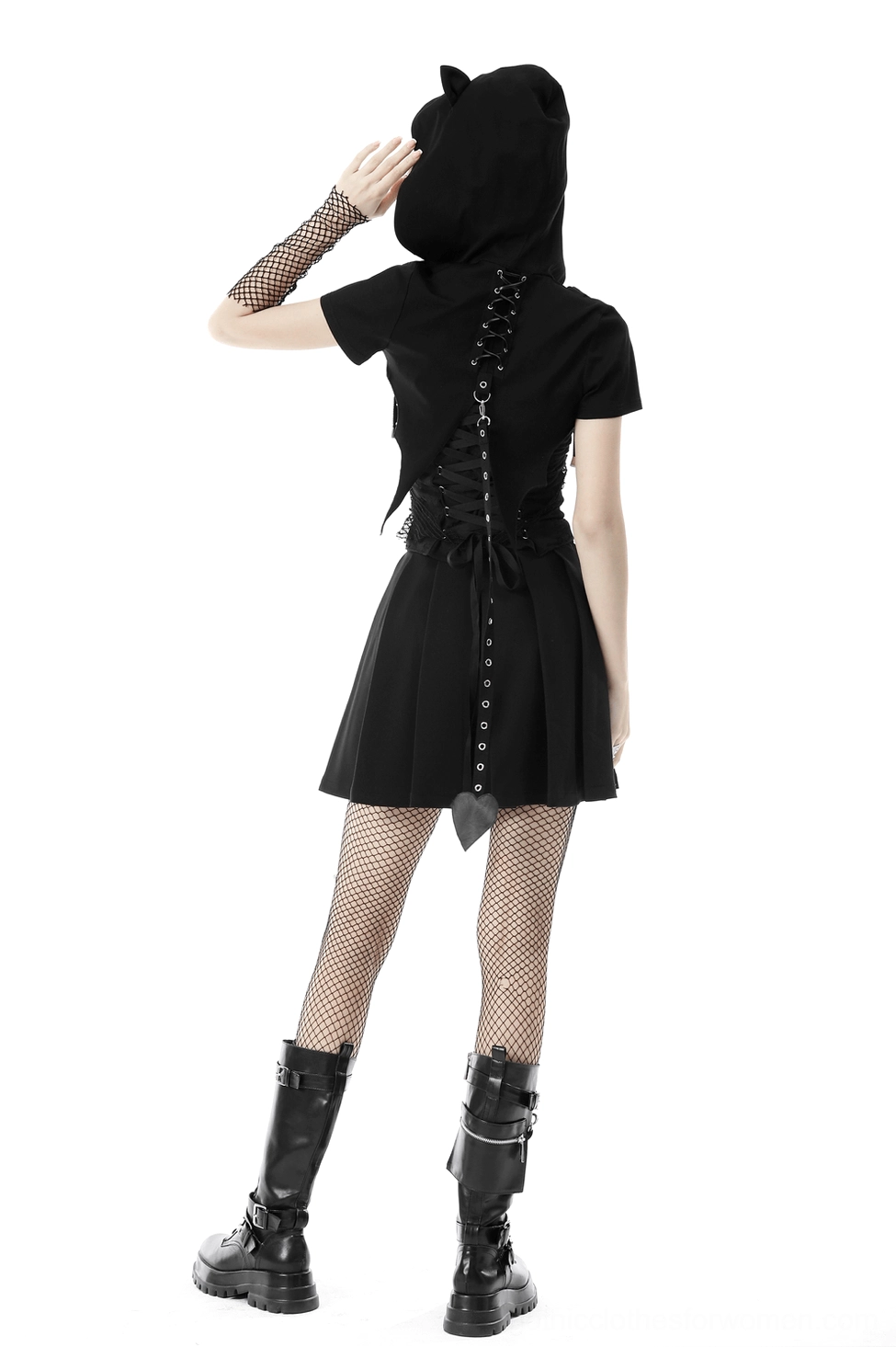 Complete gothic cat ear crop top outfit - model wearing full ensemble with accessories