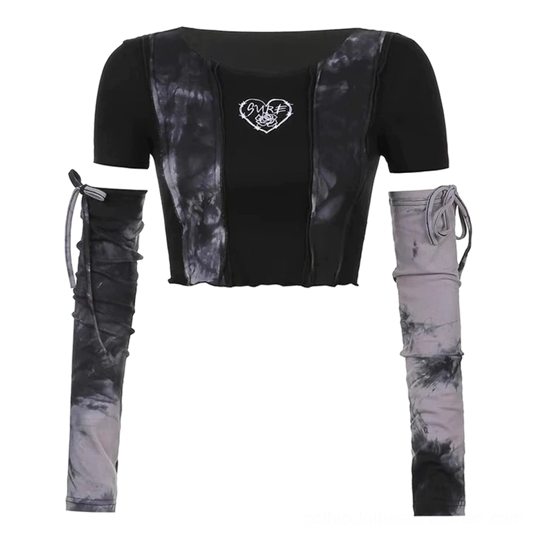 Flat lay of complete gothic crop top set with removable tie-dye sleeves and heart rose embroidery
