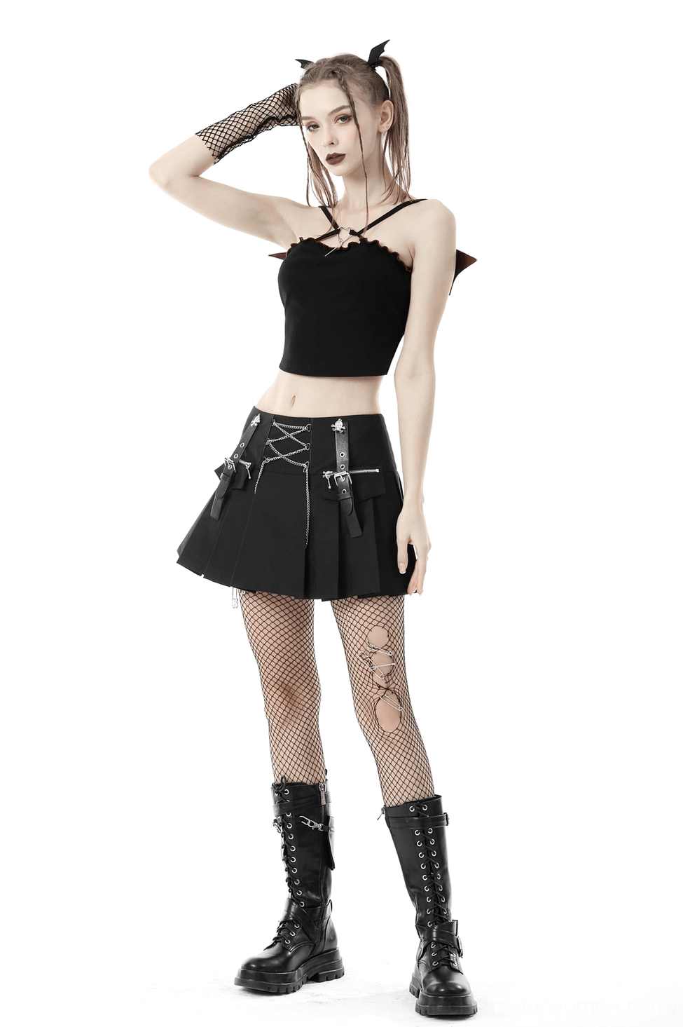 Black batwing gothic crop top alternative view highlighting construction quality and fabric texture