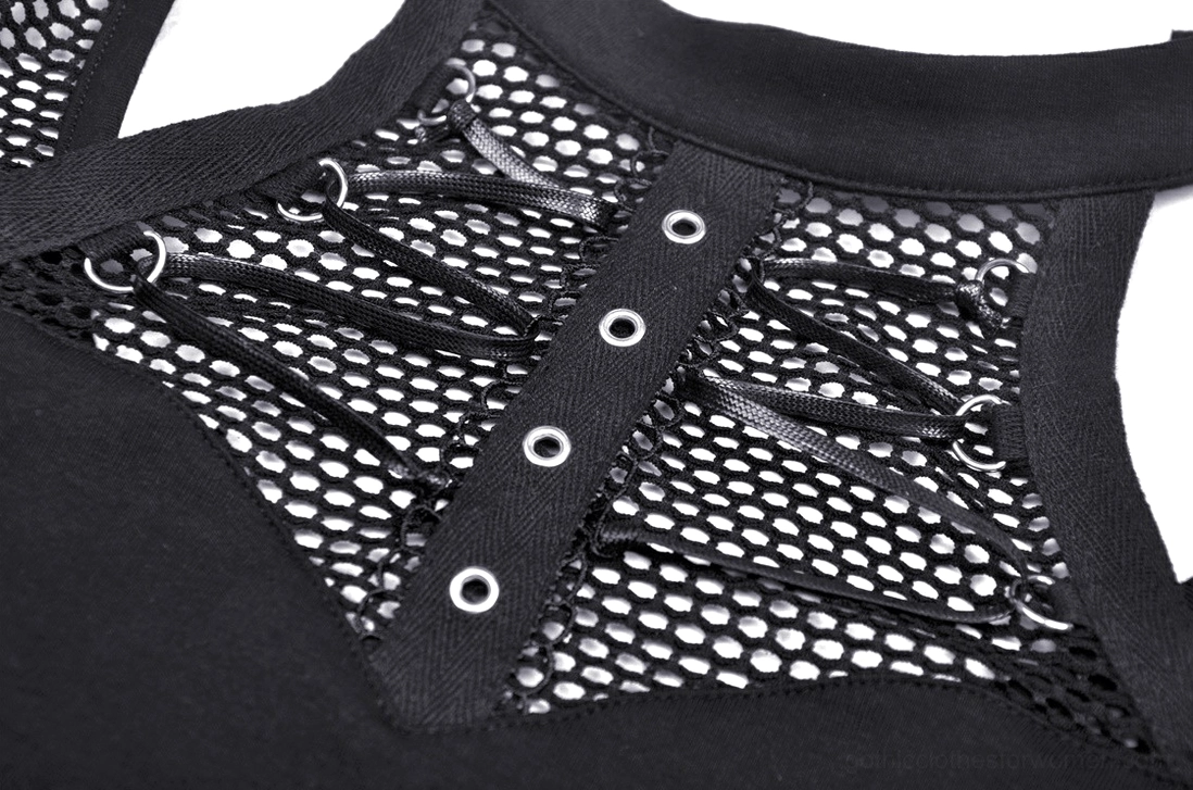 Top-down close-up of lace-up corset-style front mesh panel with metal eyelets