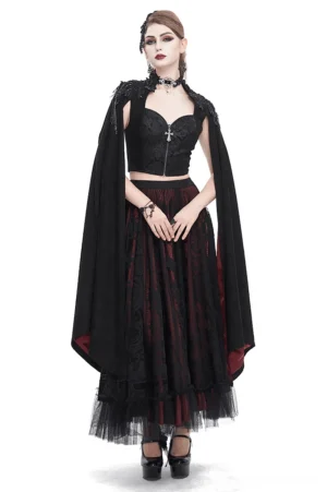 Black gothic embroidered crop top with cross zipper and flared sleeves, front full-body view on female model
