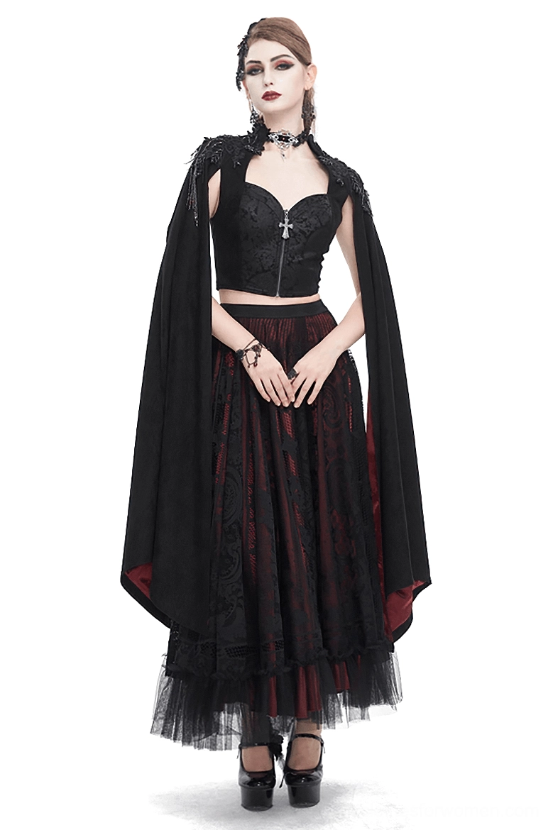 Black gothic embroidered crop top with cross zipper and flared sleeves, front full-body view on female model
