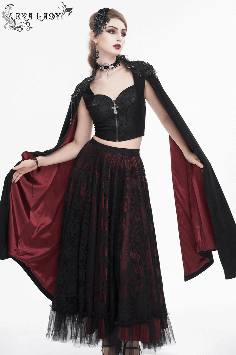 Gothic crop top with cross zipper featuring dramatic black flared sleeves and shoulder embroidery