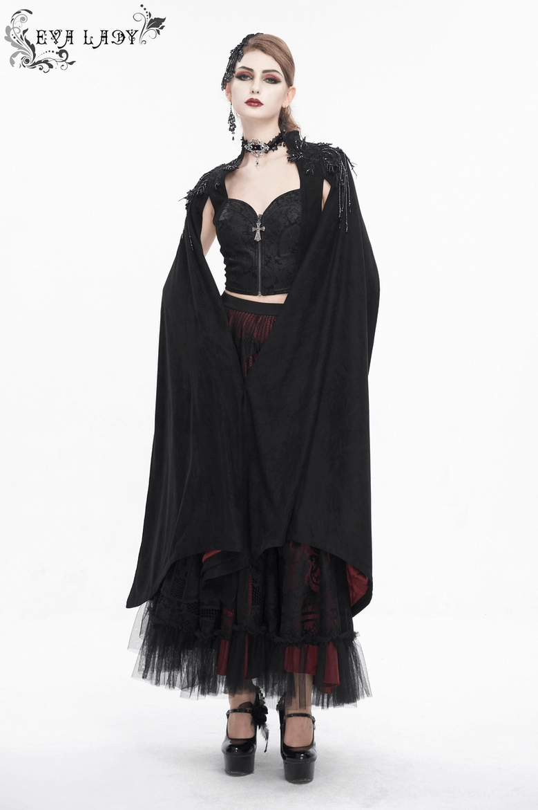 Gothic crop top presentation view with cross zipper, flared sleeves, and embellished shoulders