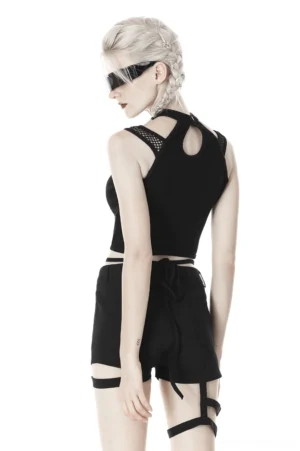 Black gothic crop top with halter cutout back design and crisscross waist straps, back full-body view
