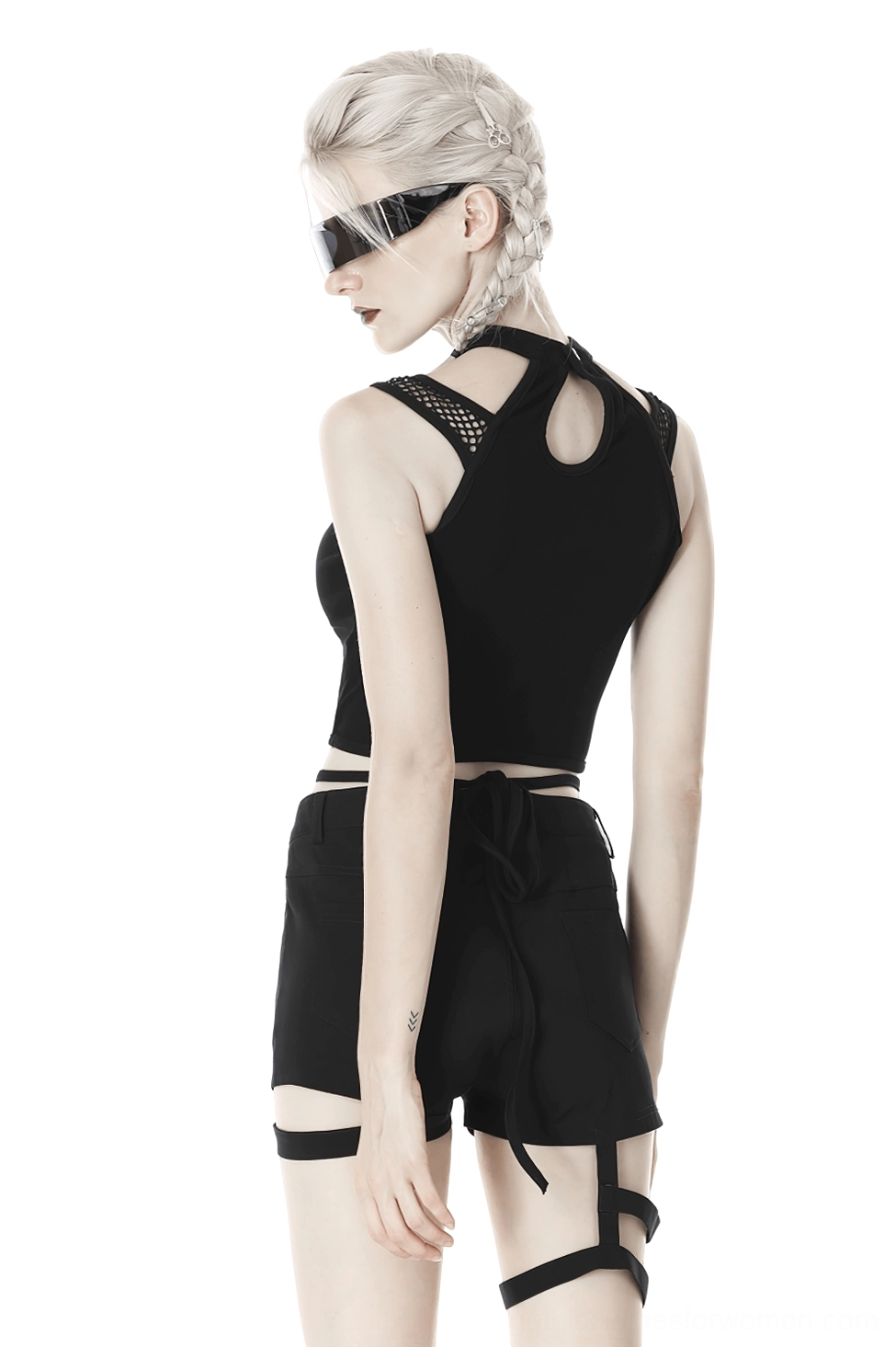 Black gothic crop top with halter cutout back design and crisscross waist straps, back full-body view