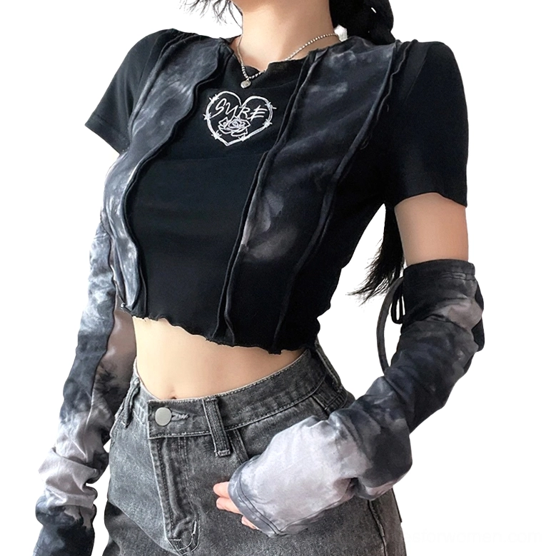 Gothic detachable sleeve crop top with tie-dye panels and heart rose embroidery worn with high-waisted jeans