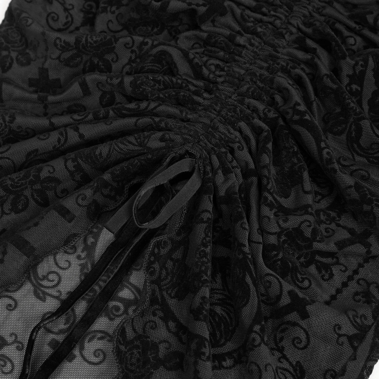 Black gothic lace crop top with front drawstring on model, alternative fashion styling