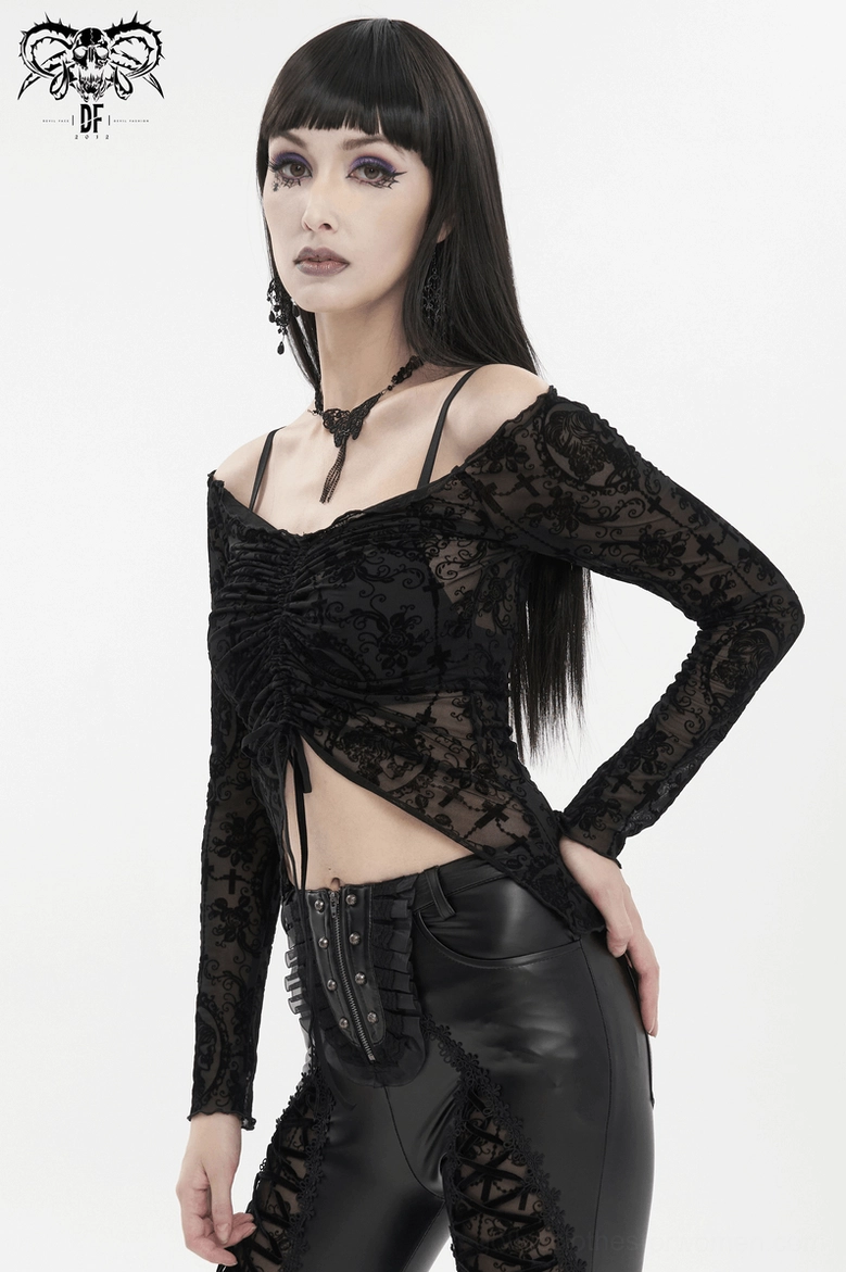 Black gothic off-shoulder lace crop top side angle on model, sheer fabric with front drawstring ruched detail
