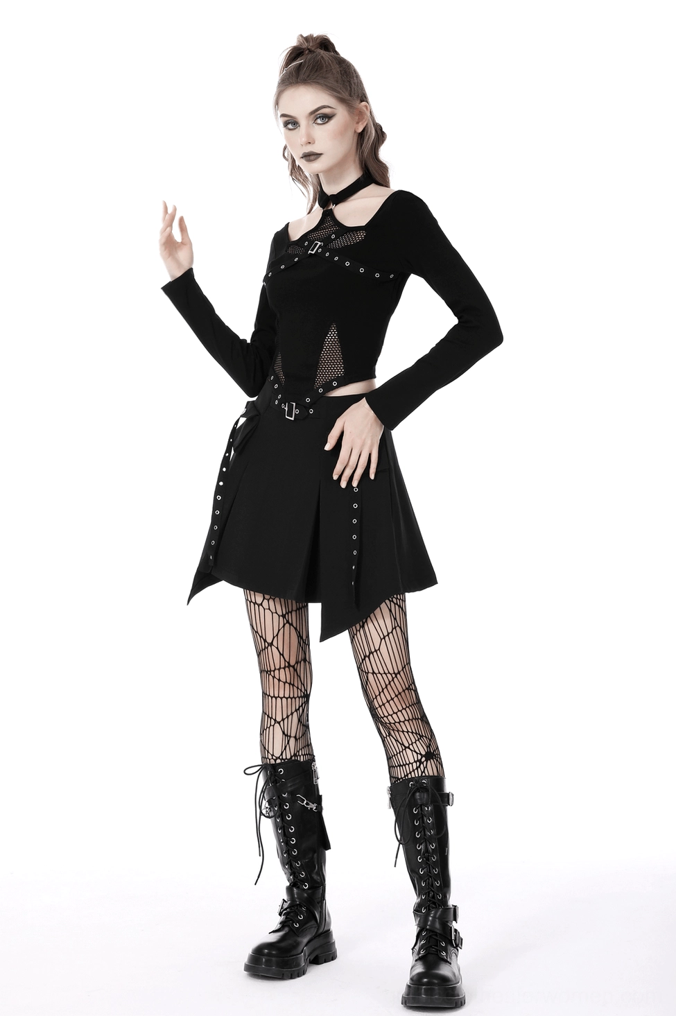 Black gothic crop top with halter choker, sheer mesh and solid knit panels, editorial fashion photography