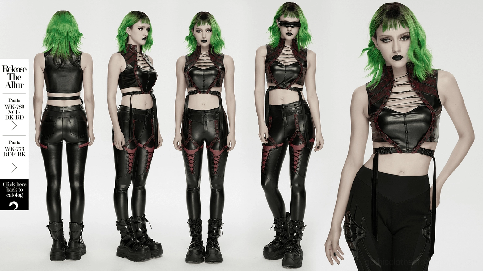 Close-fitted elastic faux leather gothic crop top with adjustable buckle and lace-up customization