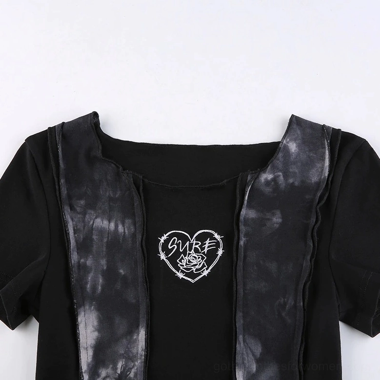 Flat lay close-up of gothic crop top O-neck and heart rose embroidery with tie-dye contrast