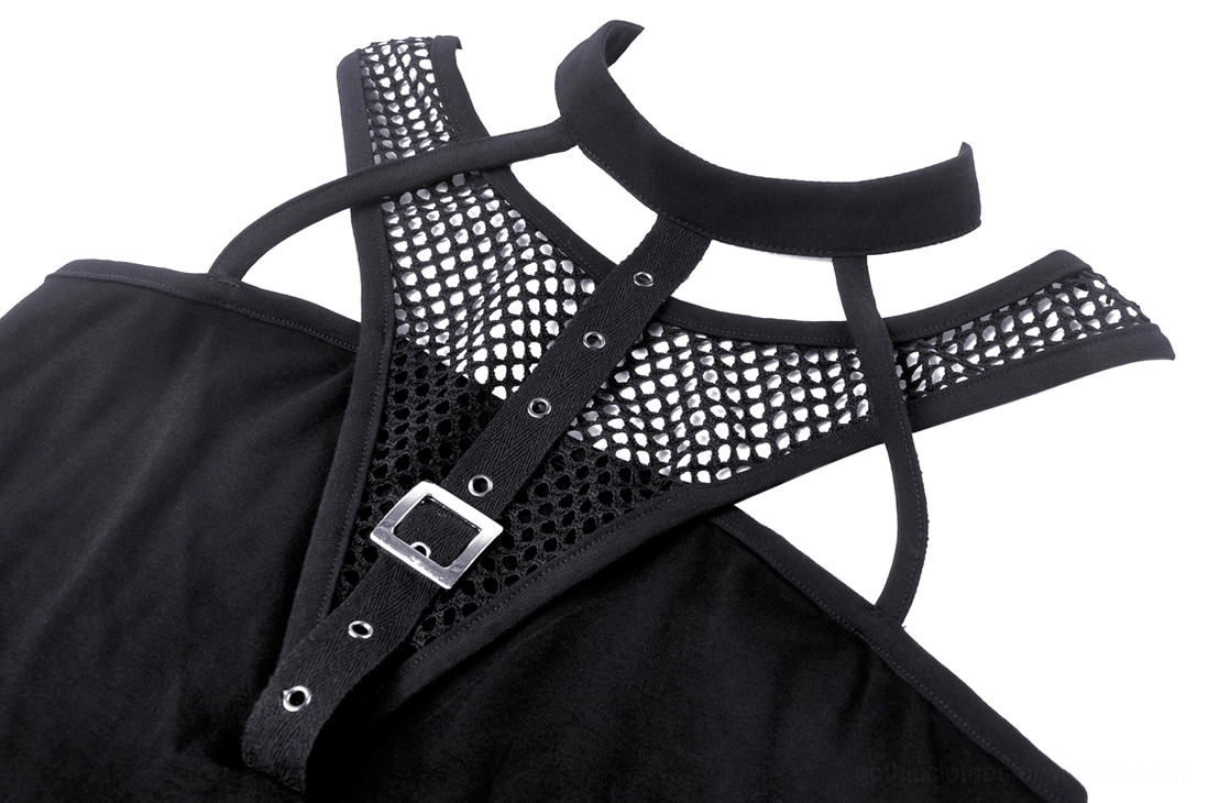 Black gothic crop top adjustable eyelet straps and metal buckle accent, flat lay close-up