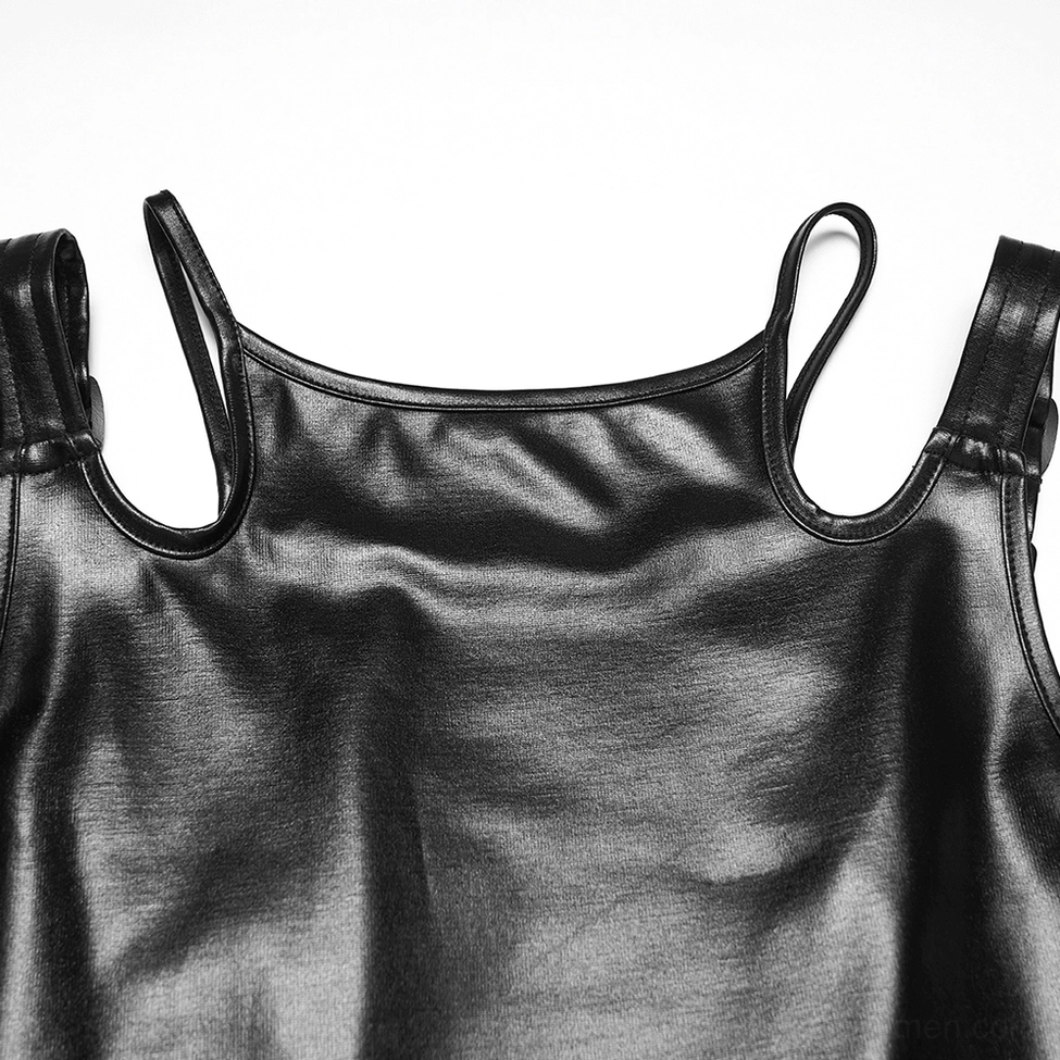 Black rubberized gothic crop top front close-up detail showing smooth glossy surface and strap construction