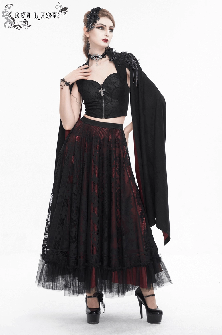 Black gothic crop top with cross zipper and flared sleeves, fashion photography detail view