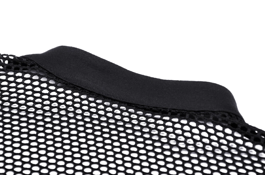 Close-up texture detail of fishnet mesh and black stand collar trim on gothic crop top