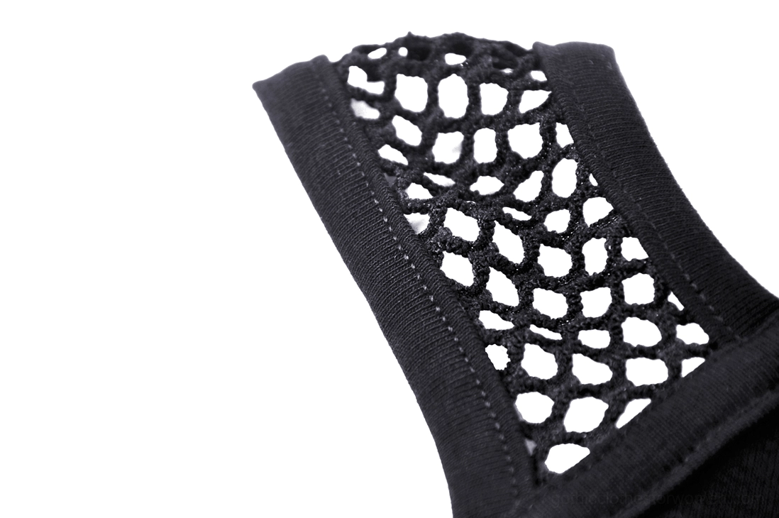 Gothic black crop top fishnet mesh panel texture with hollow fabric detail
