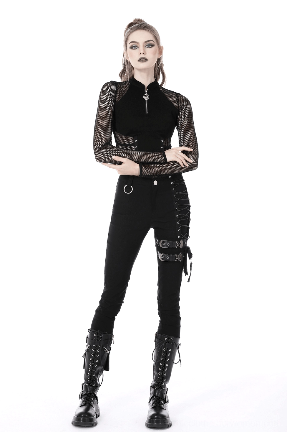 Long fishnet sleeves detail on black gothic crop top with mesh material close-up