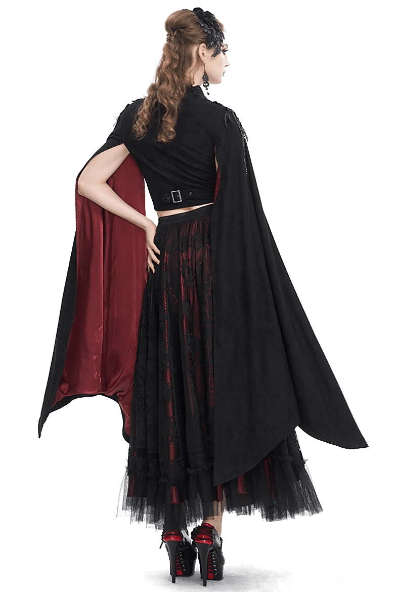 Gothic crop top with beaded shoulder embroidery and flared bell sleeves, back full-body view on model