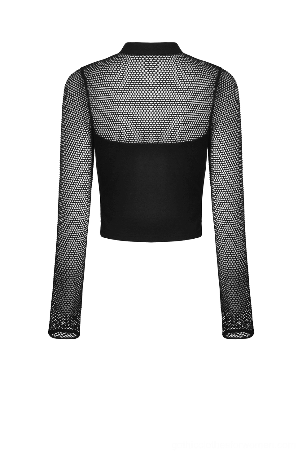 Flat lay back view of gothic mesh crop top with fishnet yoke and cropped hem