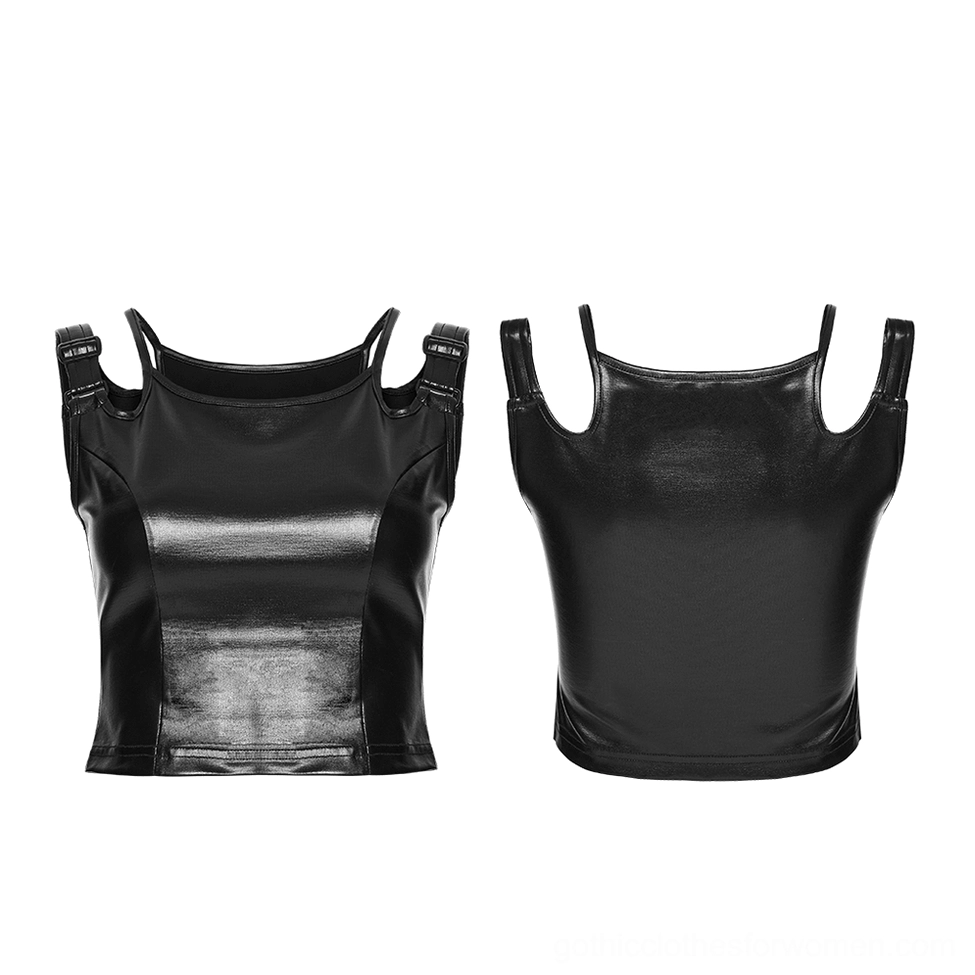 Black rubberized gothic crop top flat lay front and back display showing glossy and matte finishes