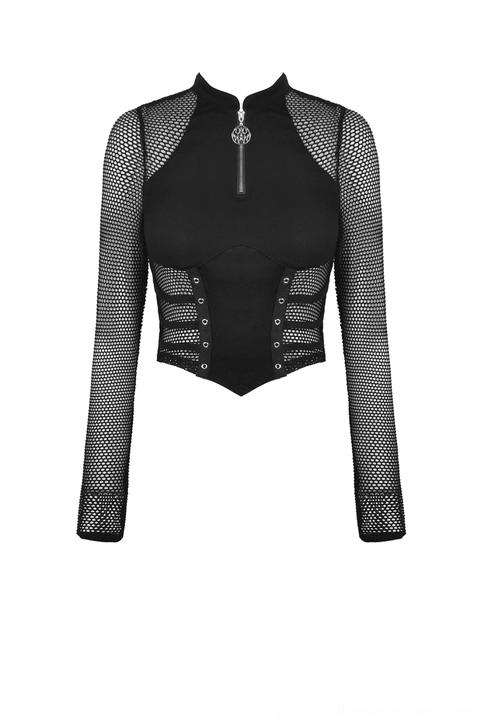 Flat lay front view of black gothic crop top showing solid front panel and long fishnet sleeves