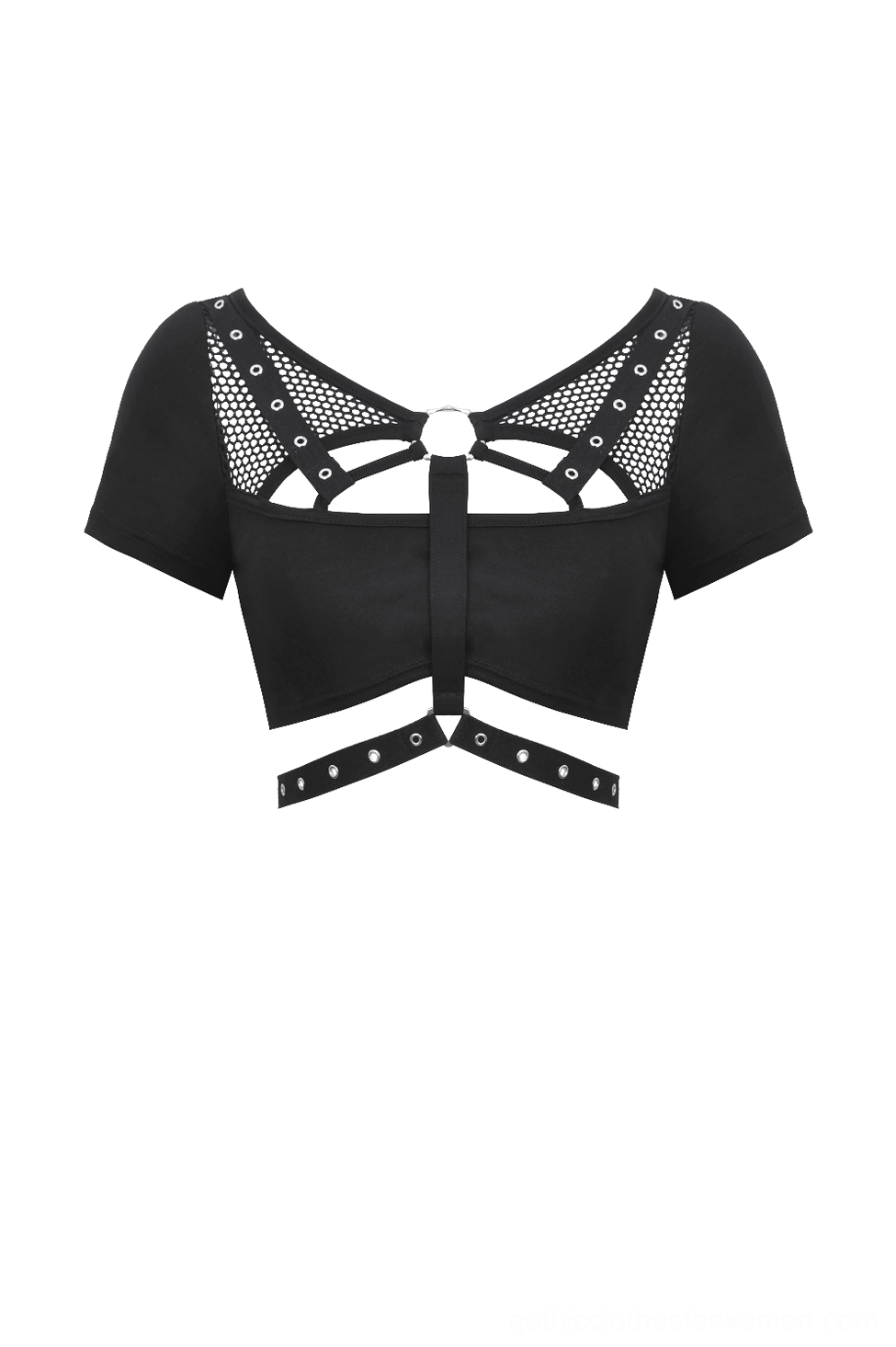 Flat lay of gothic crop top showing short sleeves, back cutout, and metal hardware details