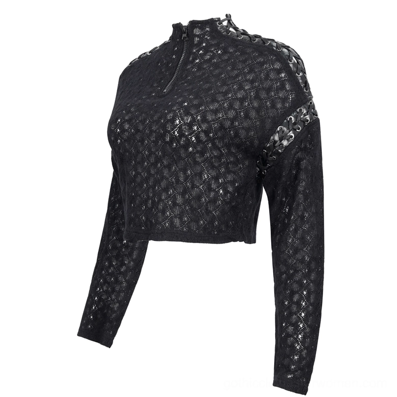 Alternative fashion black quilted cropped top flat lay showing sleeve cuff chain trims and quilted knit construction