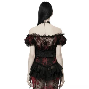 Black wine red floral flock mesh crop top back view showing halter neck strap and ruffled lace hem