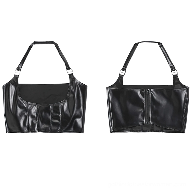 Black gothic halter crop top front and back flat lay comparison showing full product design and construction