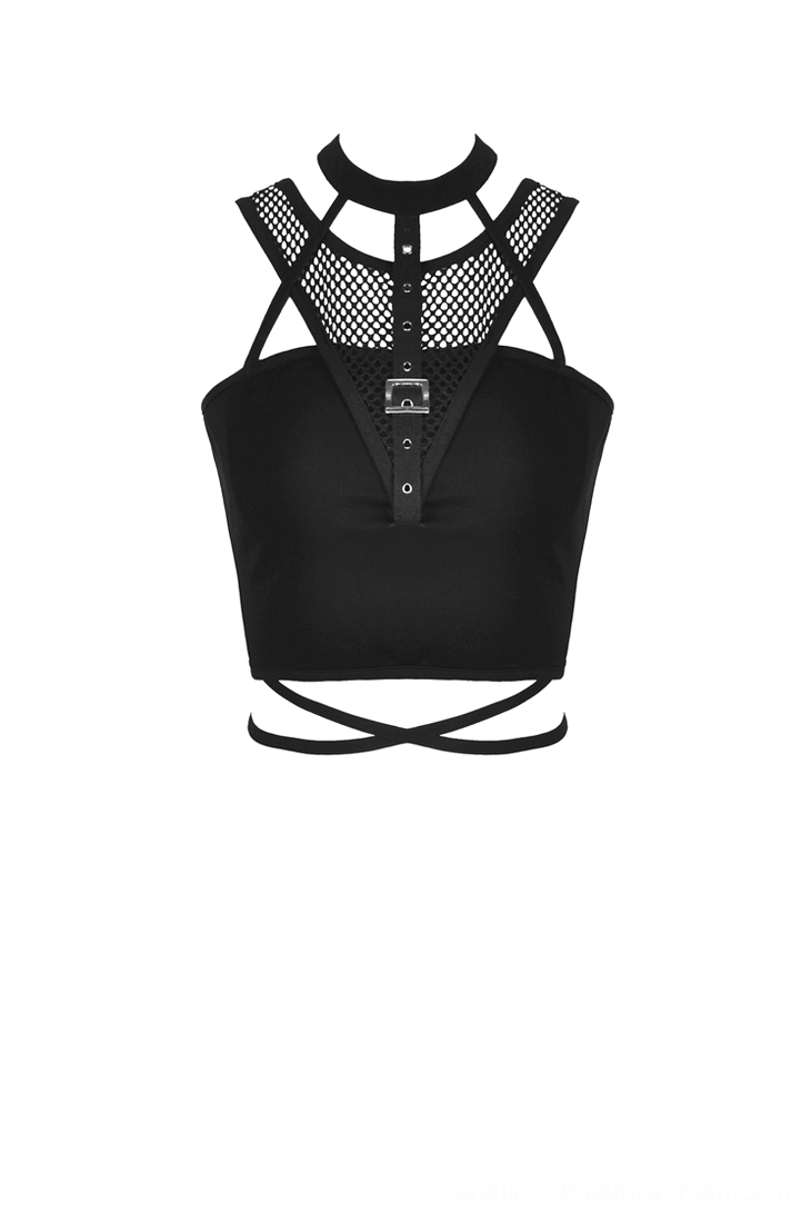 Black gothic choker crop top with front metal buckle and fishnet shoulder panel, front flat lay detail
