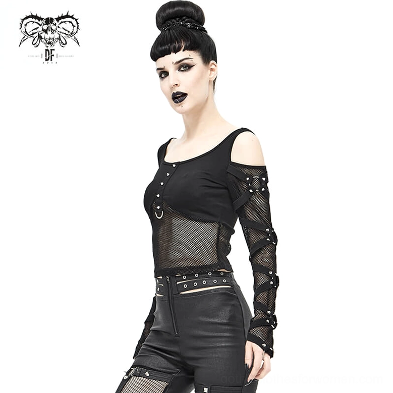 Black mesh gothic crop top front detail view on mannequin showing mesh panel construction and hardware placement