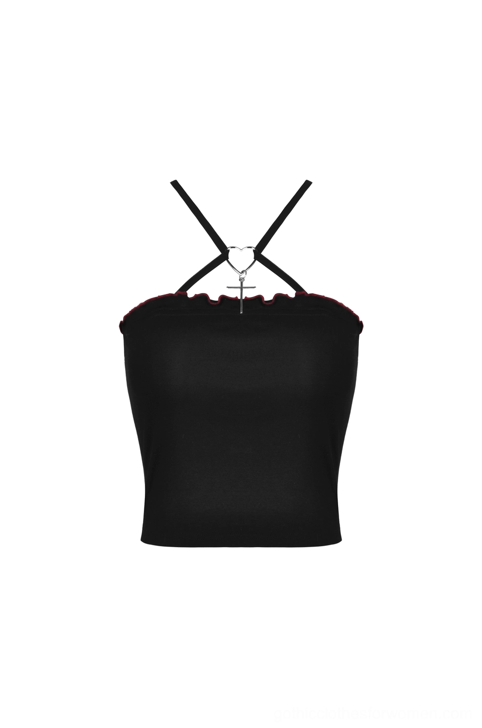 Black cropped cami top flat lay front view with heart cross pendant and ruffled edge details
