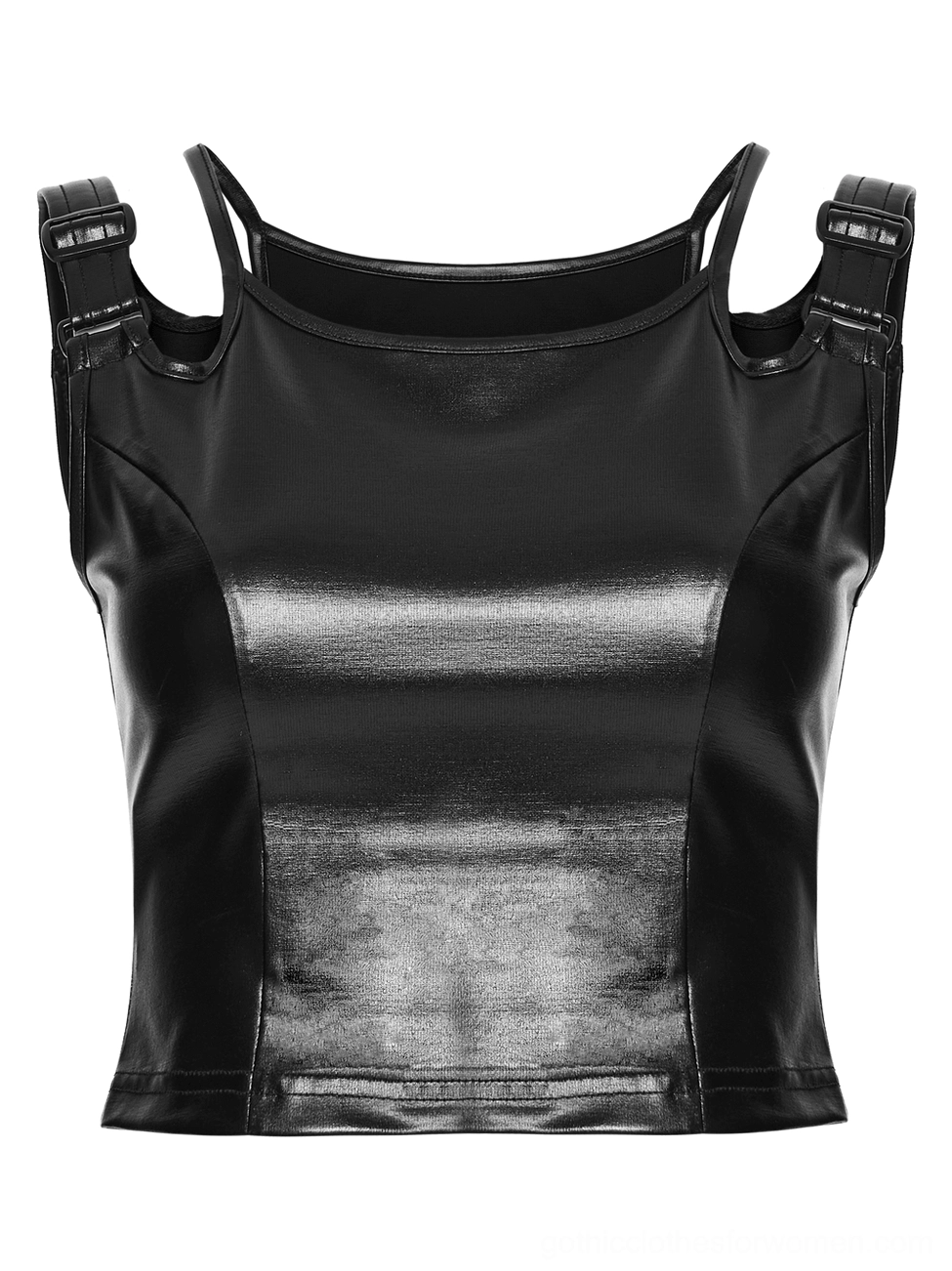 Black rubberized gothic crop top front flat lay view with fitted silhouette and metal buckle straps