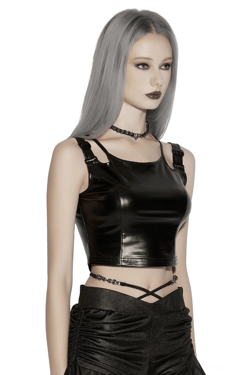 Black rubberized gothic crop top front full view with dual metal buckled shoulder straps and cropped waist design