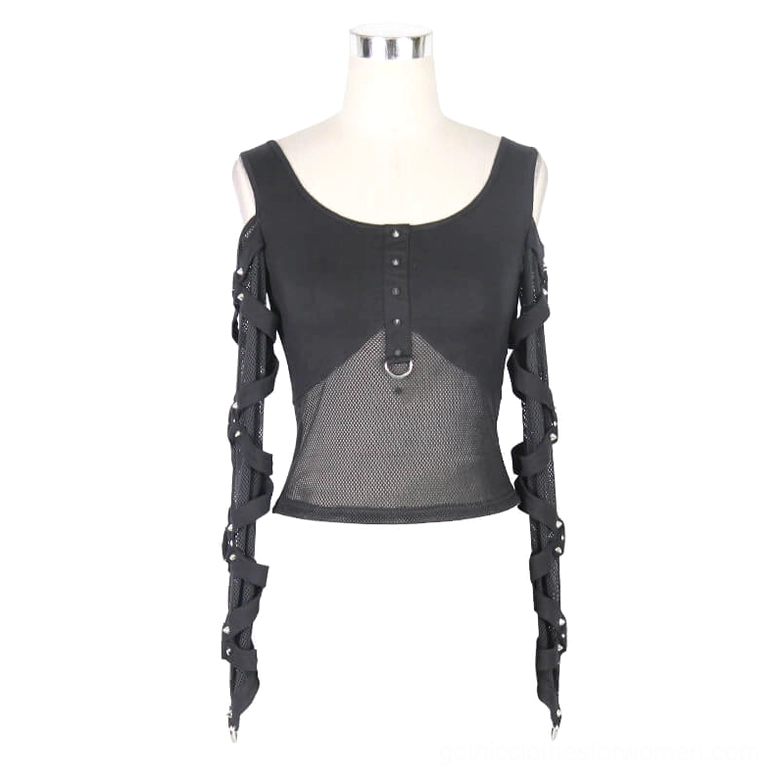 Black gothic crop top on dress form mannequin, front view showing front button placket and cold shoulder cutout design