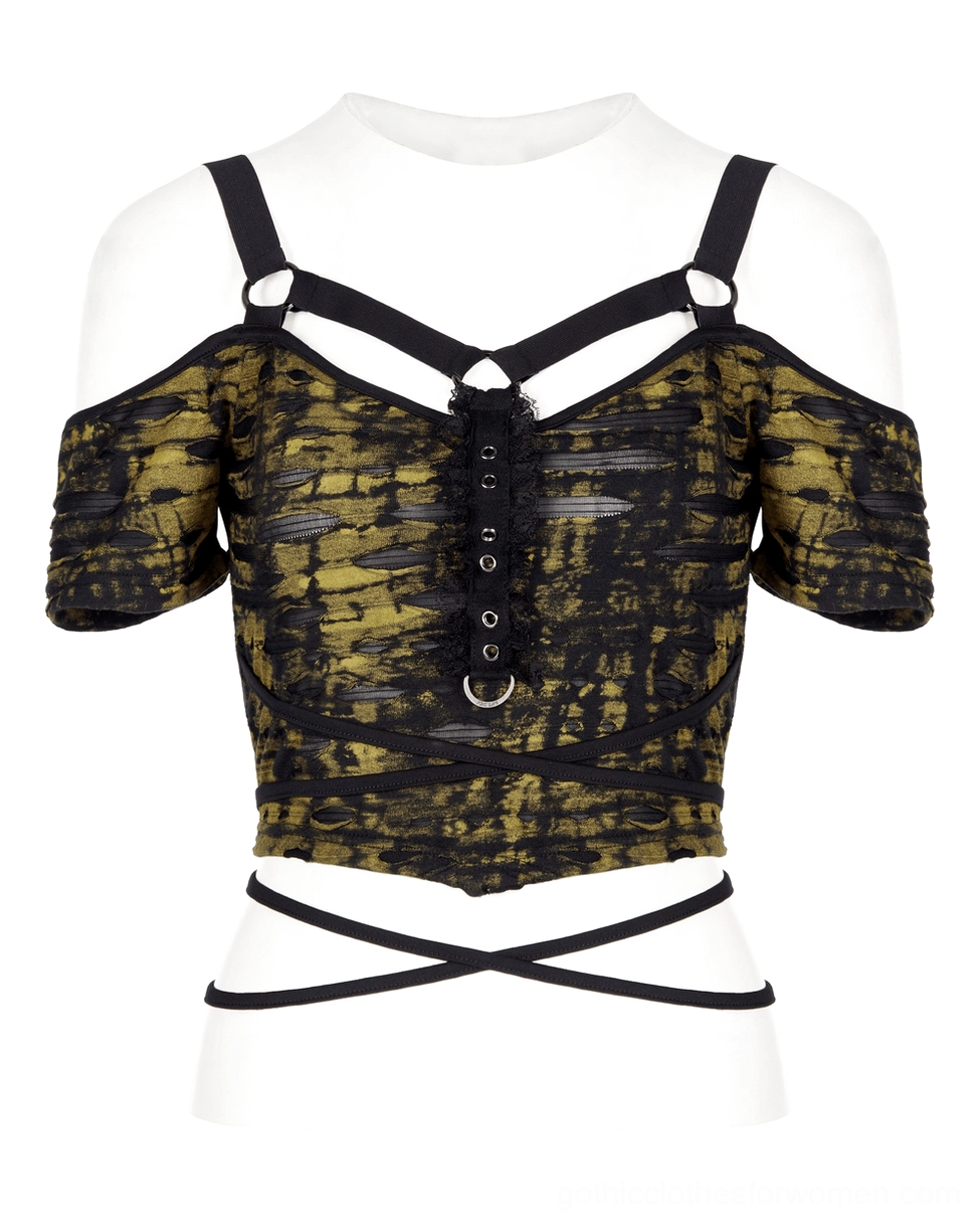 Black grunge crop top mannequin front view showing grommet placket and cropped fit
