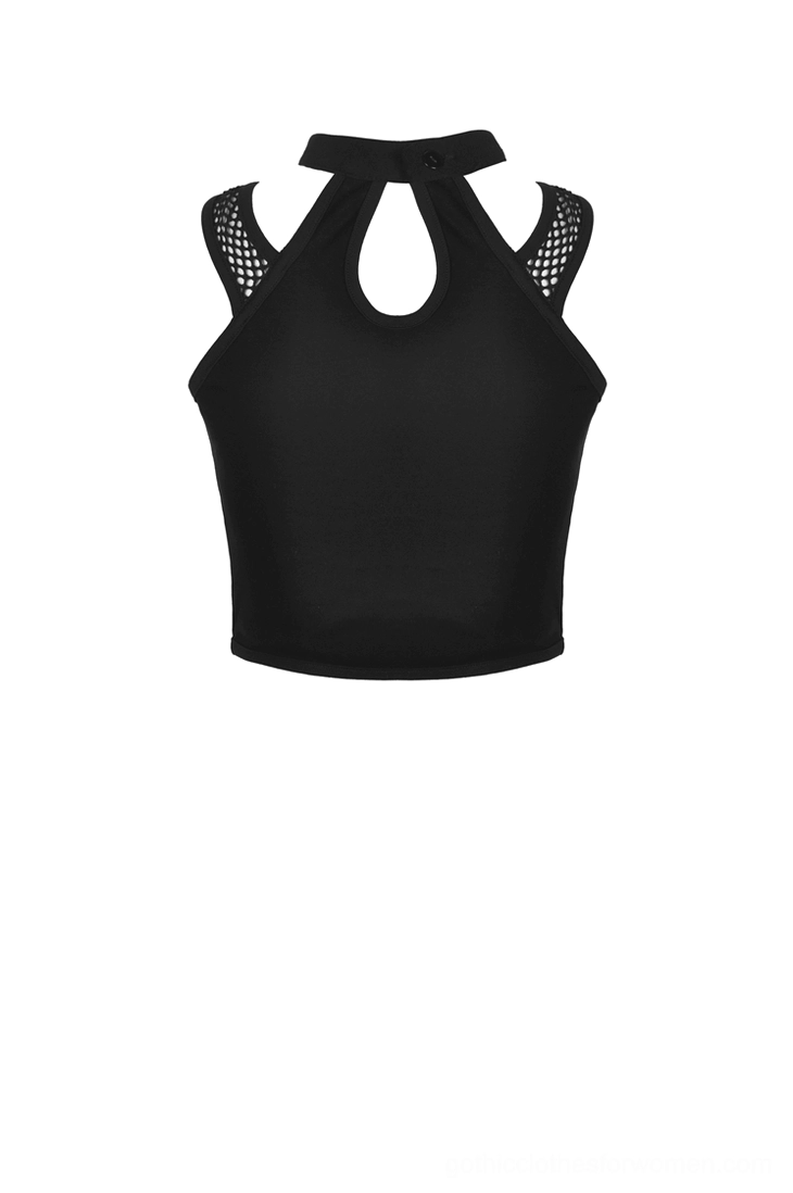Gothic crop top halter back with eyelet straps and sleeveless design, back flat lay view